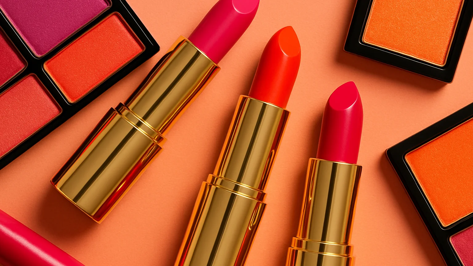 Top-down flat lay of vibrant lipsticks and eyeshadow palettes in