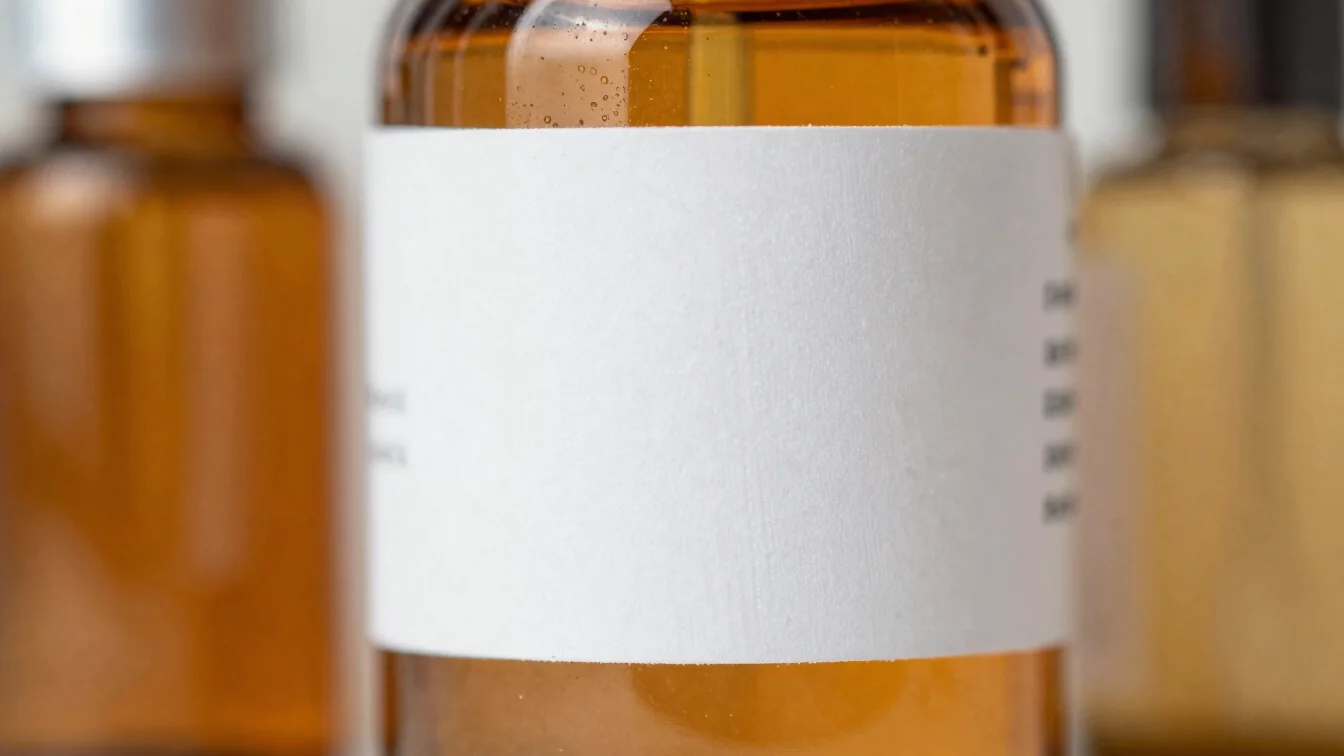Macro shot of a cosmetic product label and bottle cap in warm amb