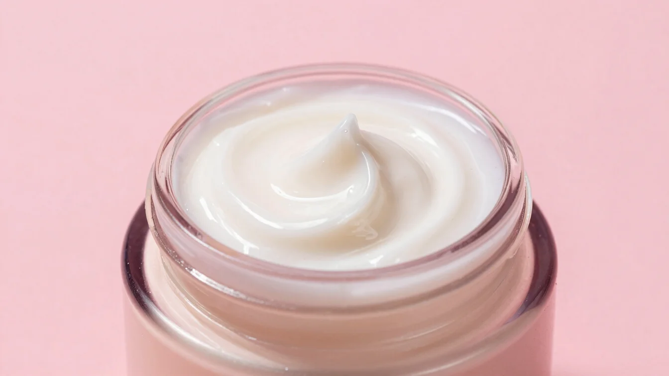 Close-up macro of a colorful skincare jar with a creamy texture s